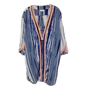 Solito Women’s Tie Dye Long Sleeve Embroidered Boho Blue Beach Dress Sz L